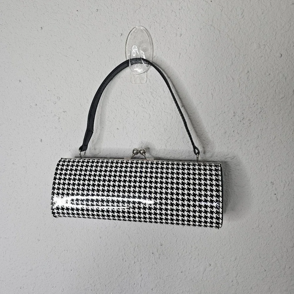 Vintage Style Houndstooth Kiss Lock Handbag Black White Cylinder Top Handle‎ Bag